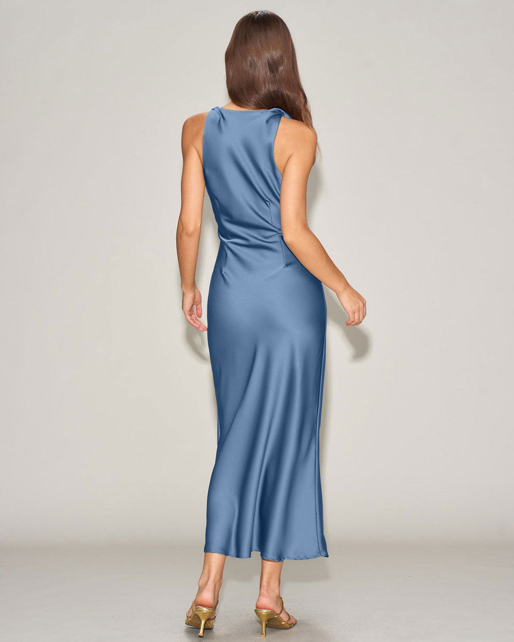 Blue Satin Boat Neck Slip Midi Dress | Rihoas
