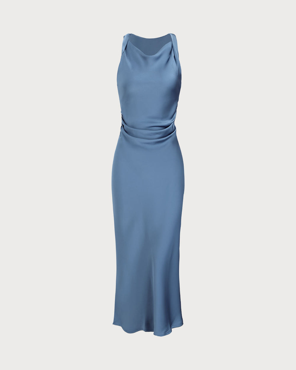 Blue Satin Boat Neck Slip Midi Dress | Rihoas