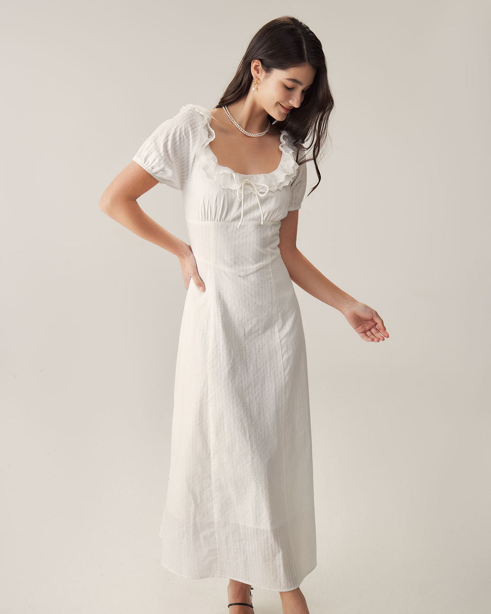 White Embroidery Puffed Sleeve Maxi Dress | Rihoas
