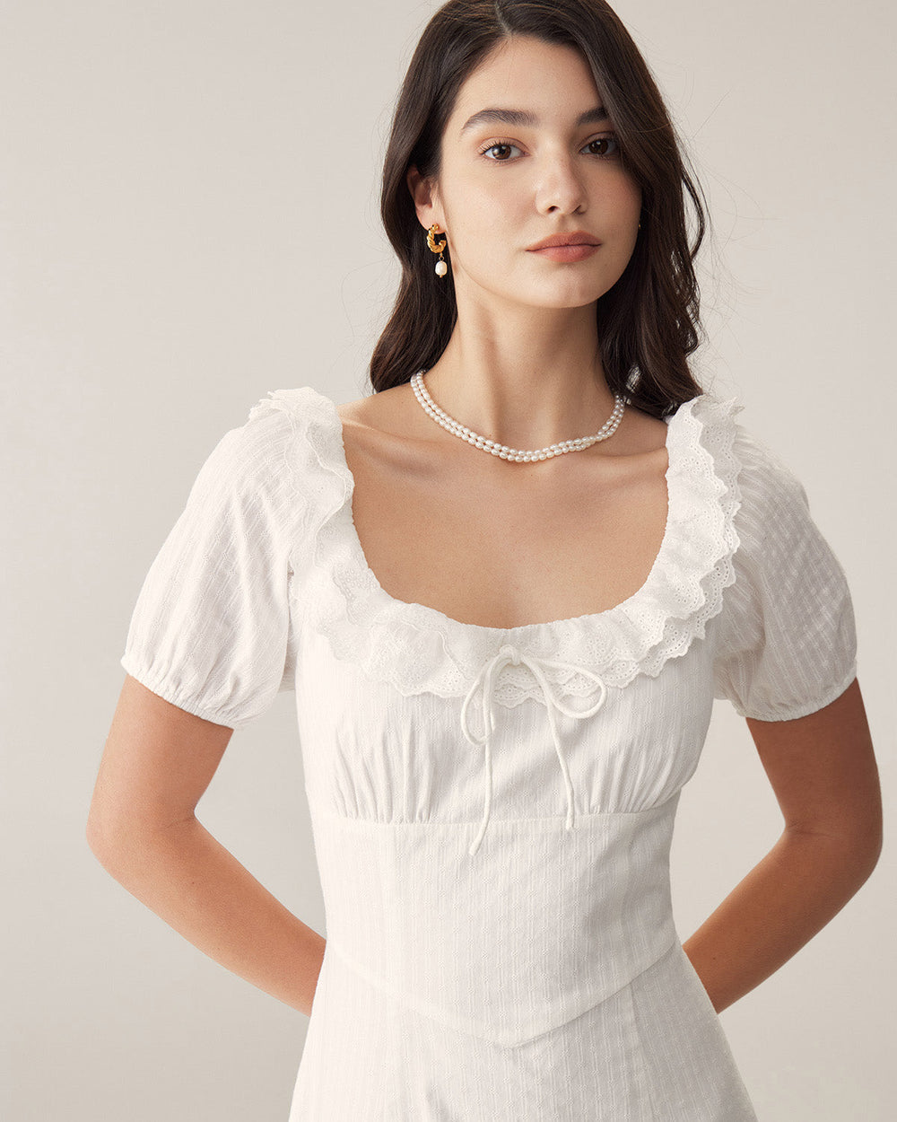 White Embroidery Puffed Sleeve Maxi Dress | Rihoas