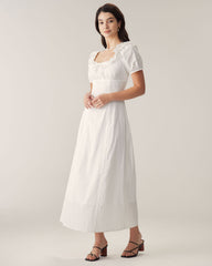 White Embroidery Puffed Sleeve Maxi Dress | Rihoas