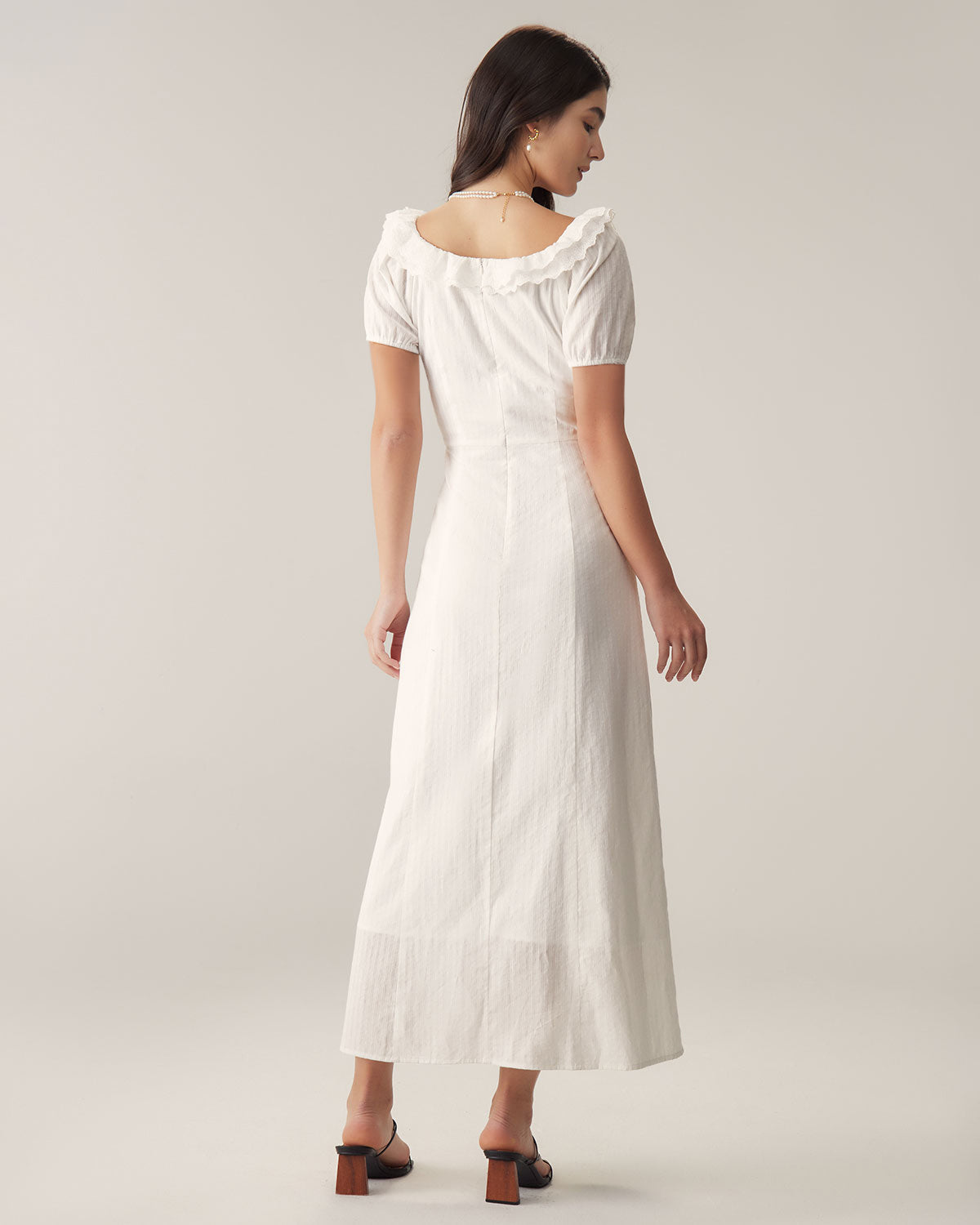 White Embroidery Puffed Sleeve Maxi Dress | Rihoas