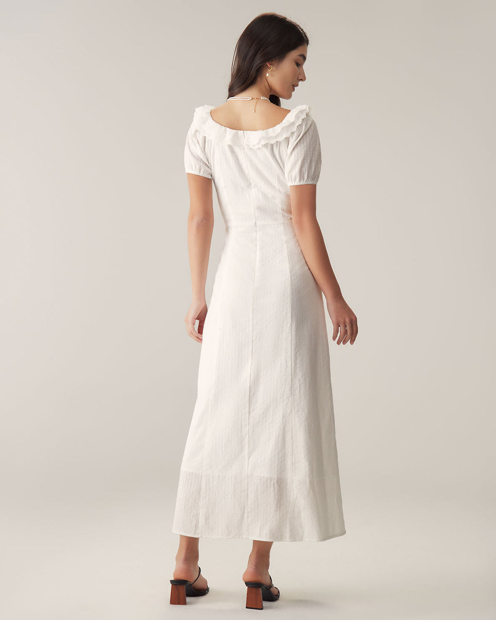 White Embroidery Puffed Sleeve Maxi Dress | Rihoas