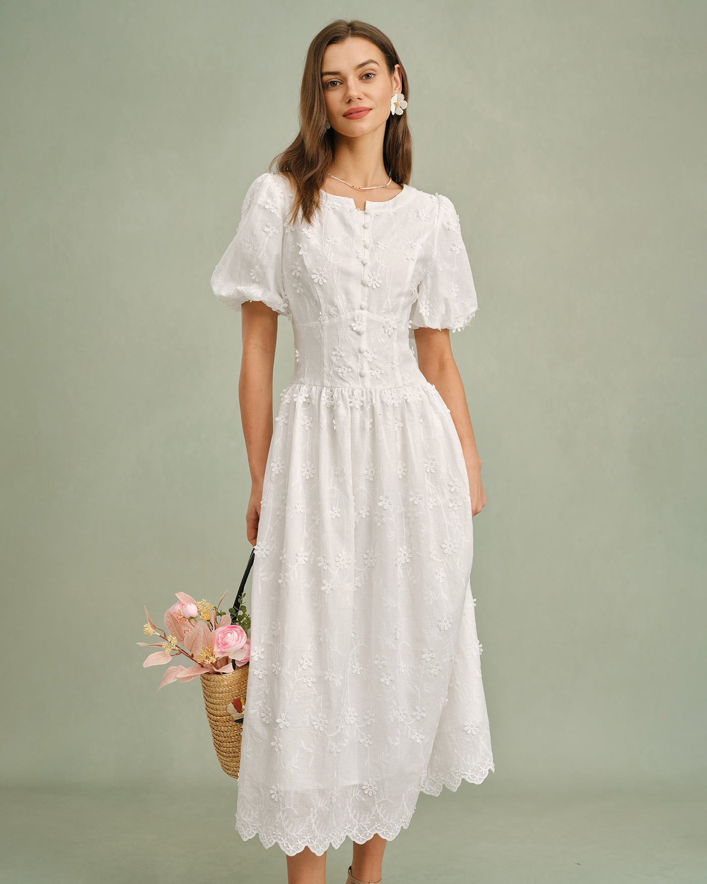 White Round Neck Floral Midi Dress | Rihoas