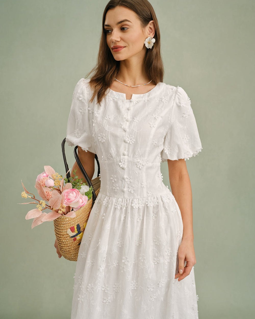 White Round Neck Floral Midi Dress | Rihoas