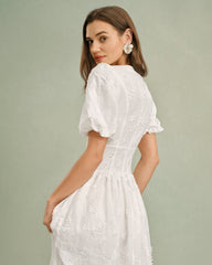 White Round Neck Floral Midi Dress | Rihoas