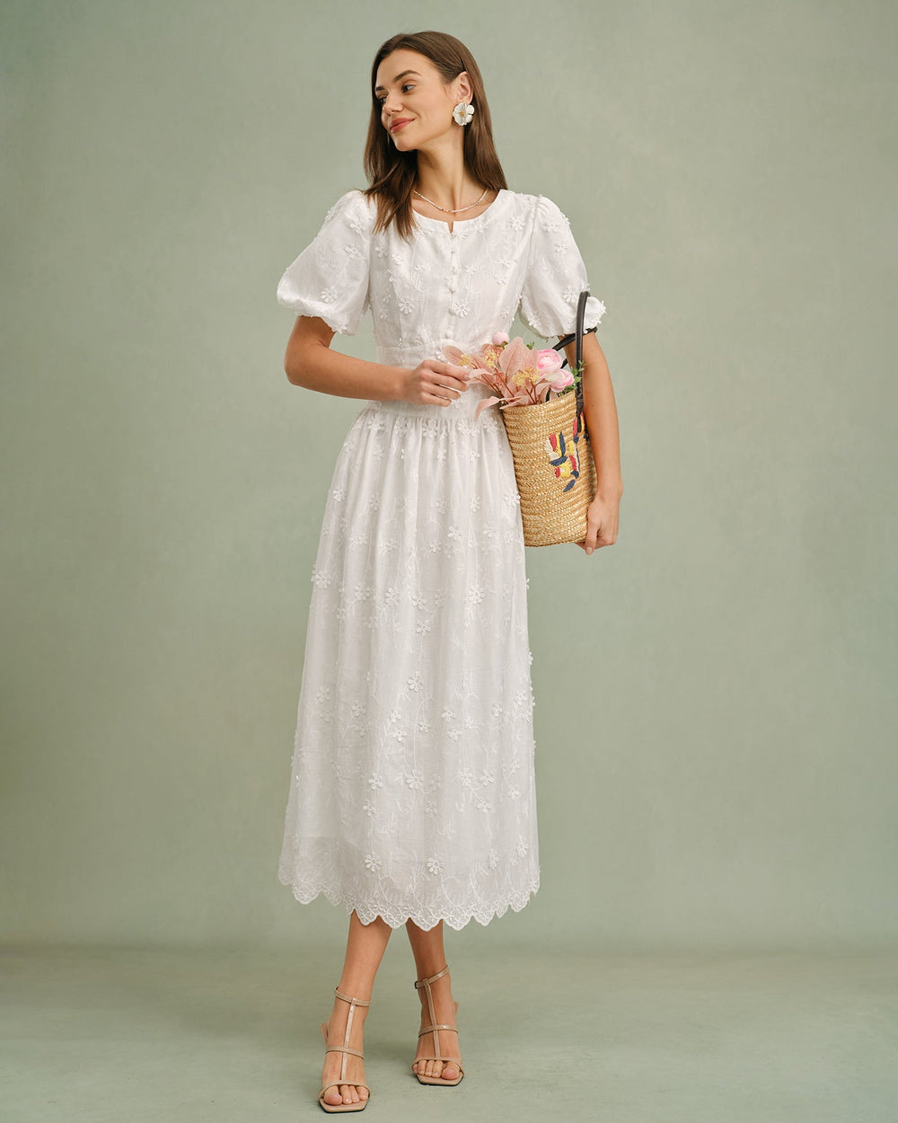 White Round Neck Floral Midi Dress | Rihoas