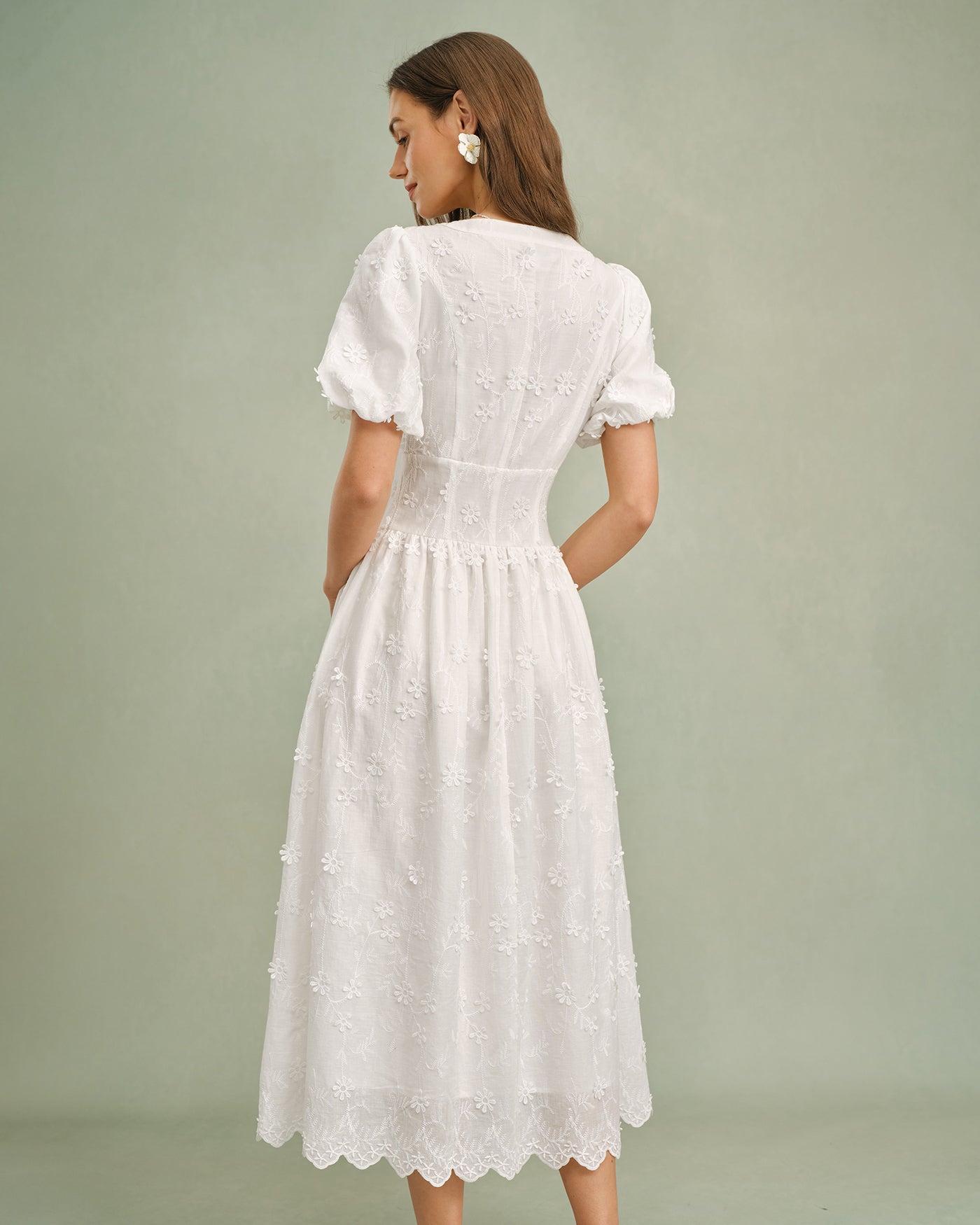 White Round Neck Floral Midi Dress | Rihoas