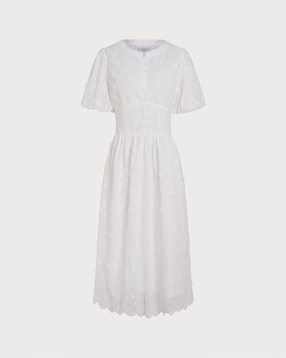 White Round Neck Floral Midi Dress | Rihoas