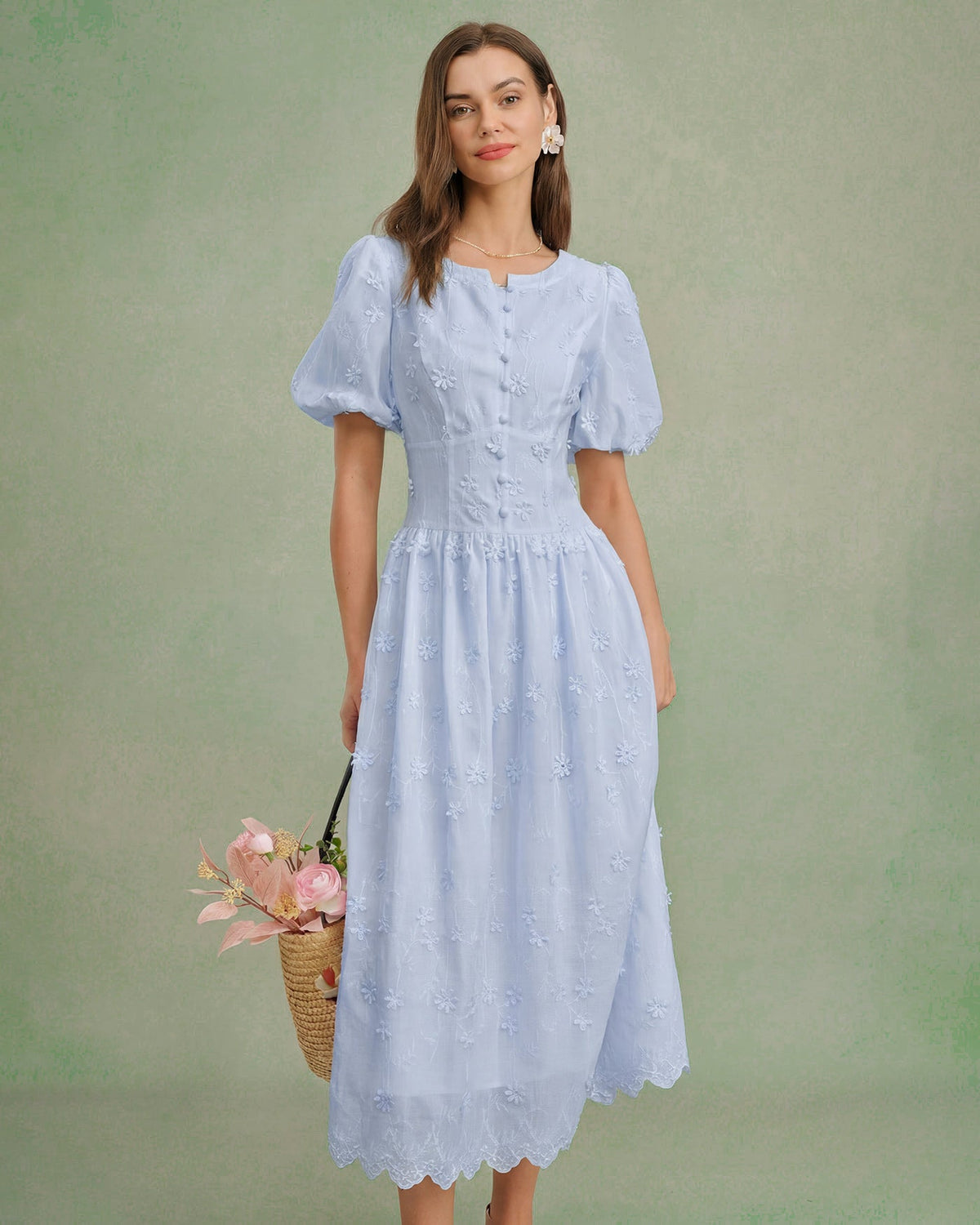 Blue Floral Textured Midi Dress | Rihoas