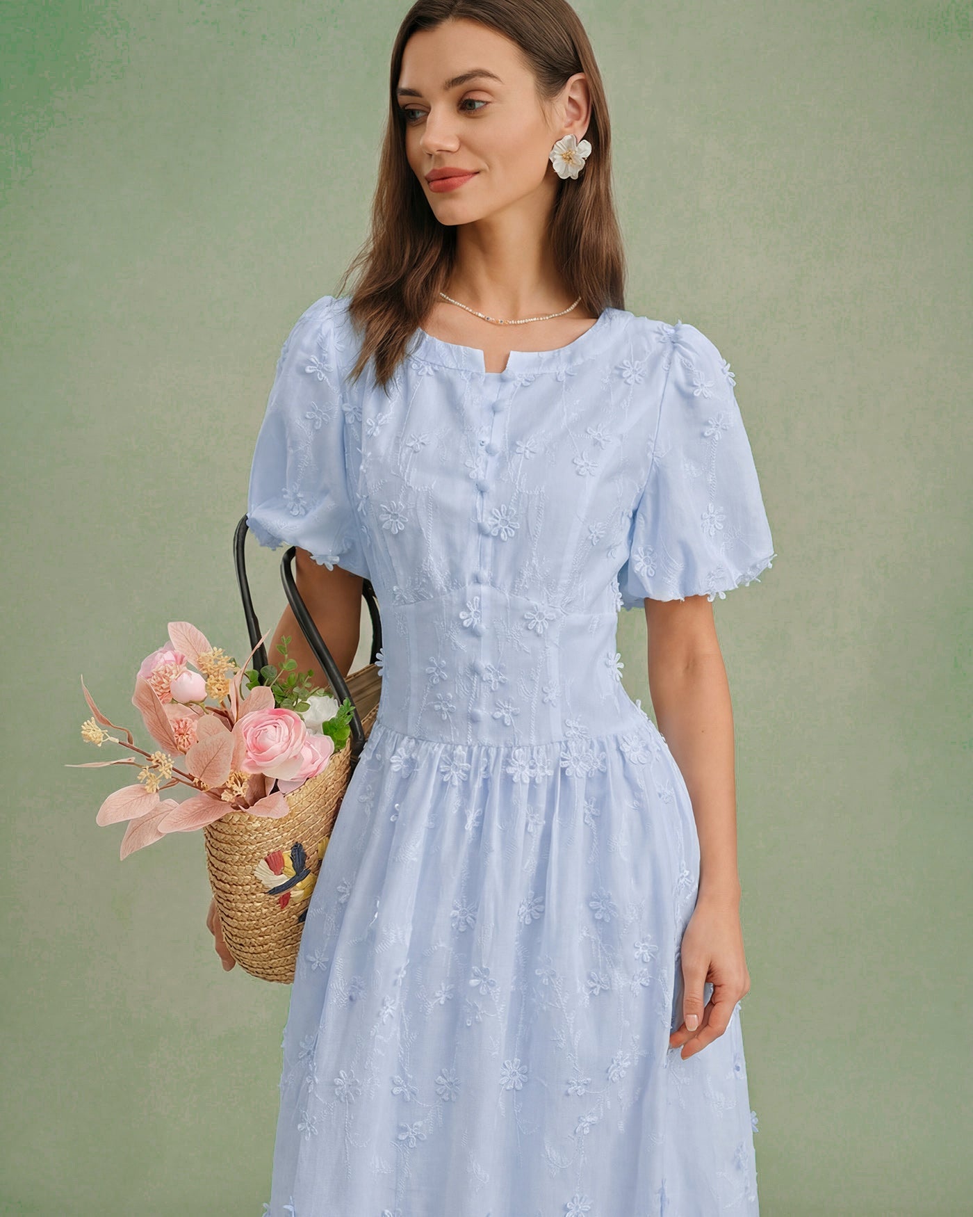 Blue Floral Textured Midi Dress | Rihoas