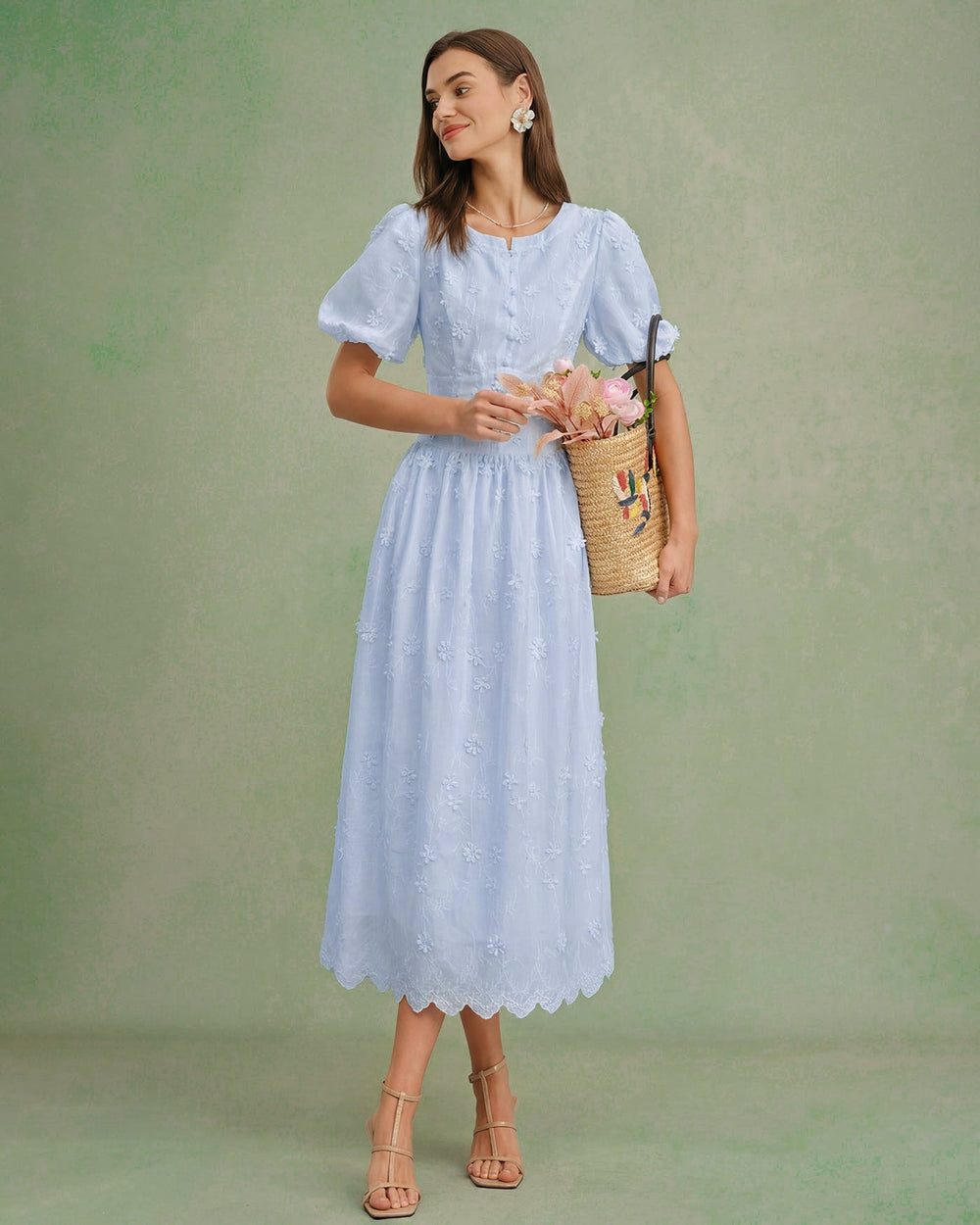 Blue Floral Textured Midi Dress | Rihoas