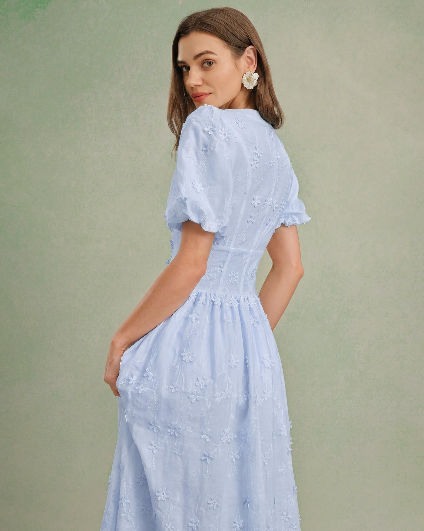 Blue Floral Textured Midi Dress | Rihoas