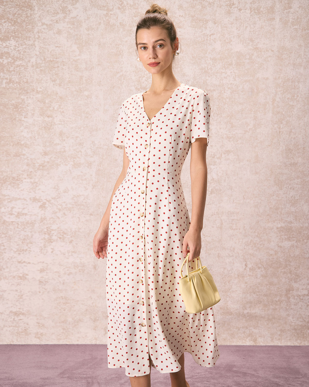 The Beige V Neck Polka Dot Button Midi Dress | Rihoas