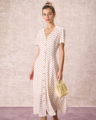 The Beige V Neck Polka Dot Button Midi Dress | Rihoas