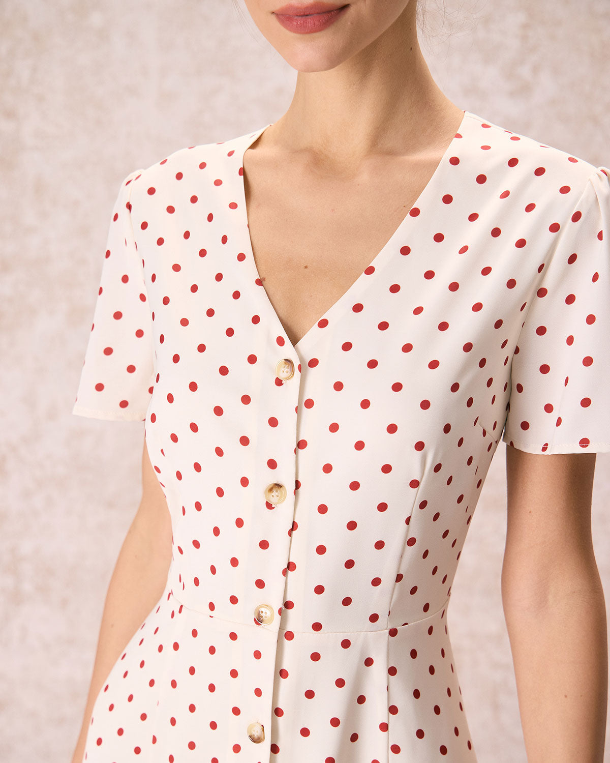 The Beige V Neck Polka Dot Button Midi Dress | Rihoas