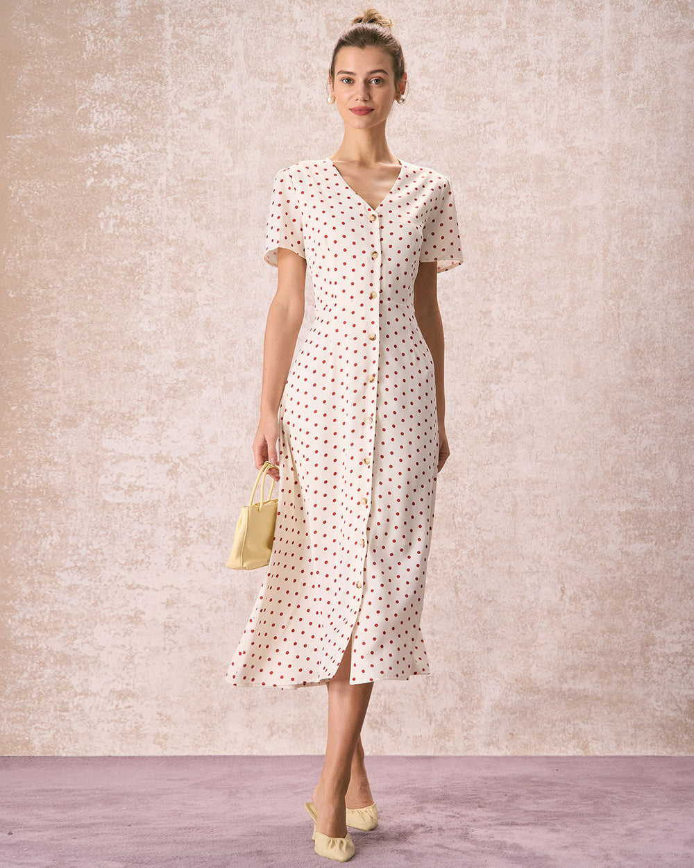 The Beige V Neck Polka Dot Button Midi Dress | Rihoas