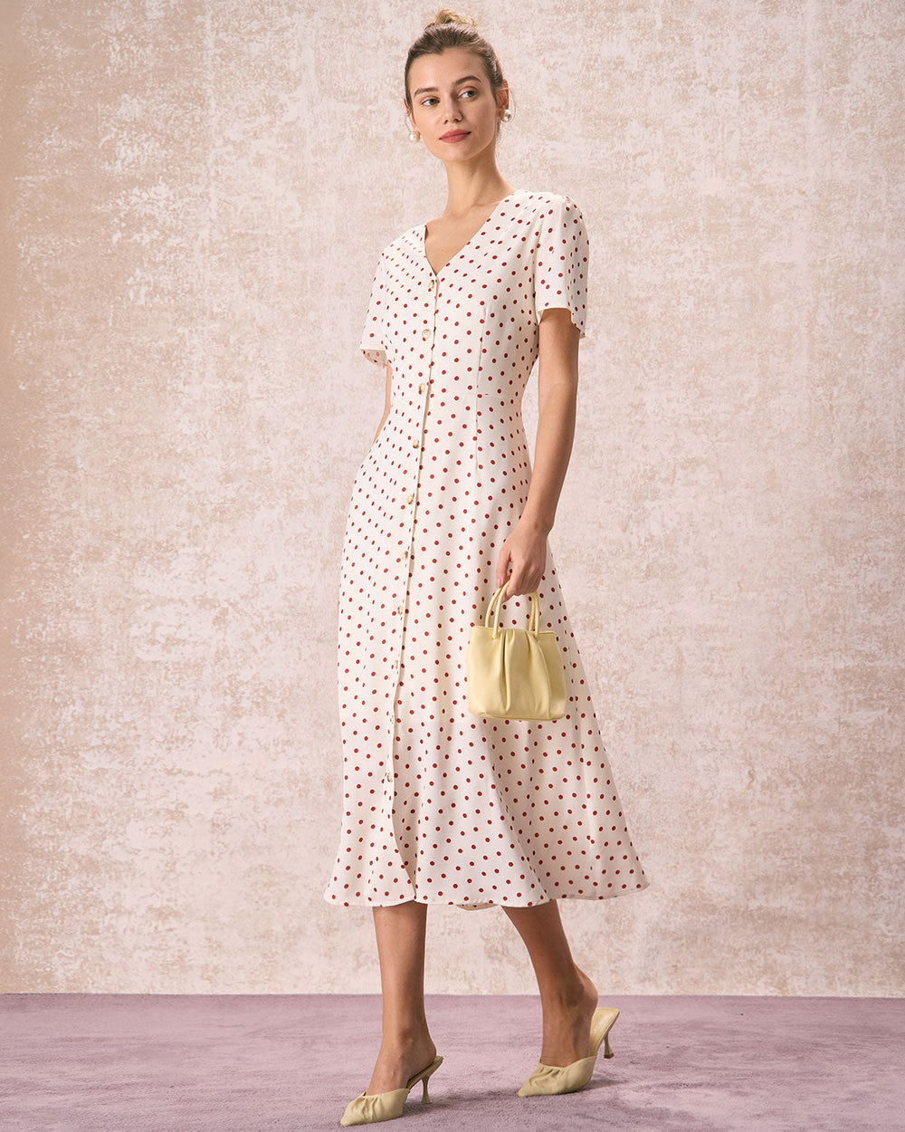 The Beige V Neck Polka Dot Button Midi Dress | Rihoas
