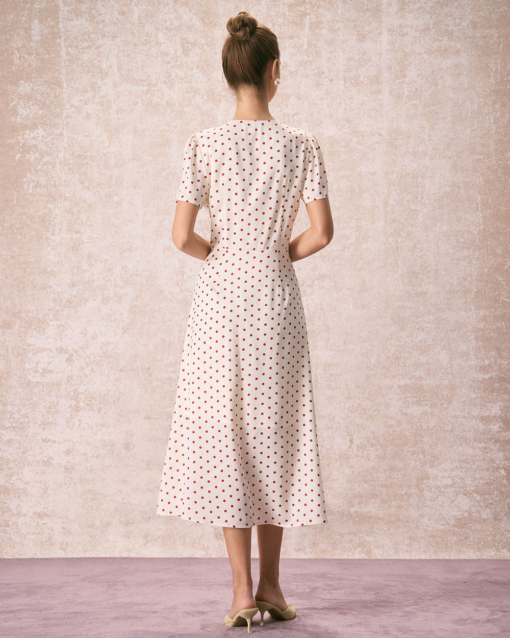 The Beige V Neck Polka Dot Button Midi Dress | Rihoas