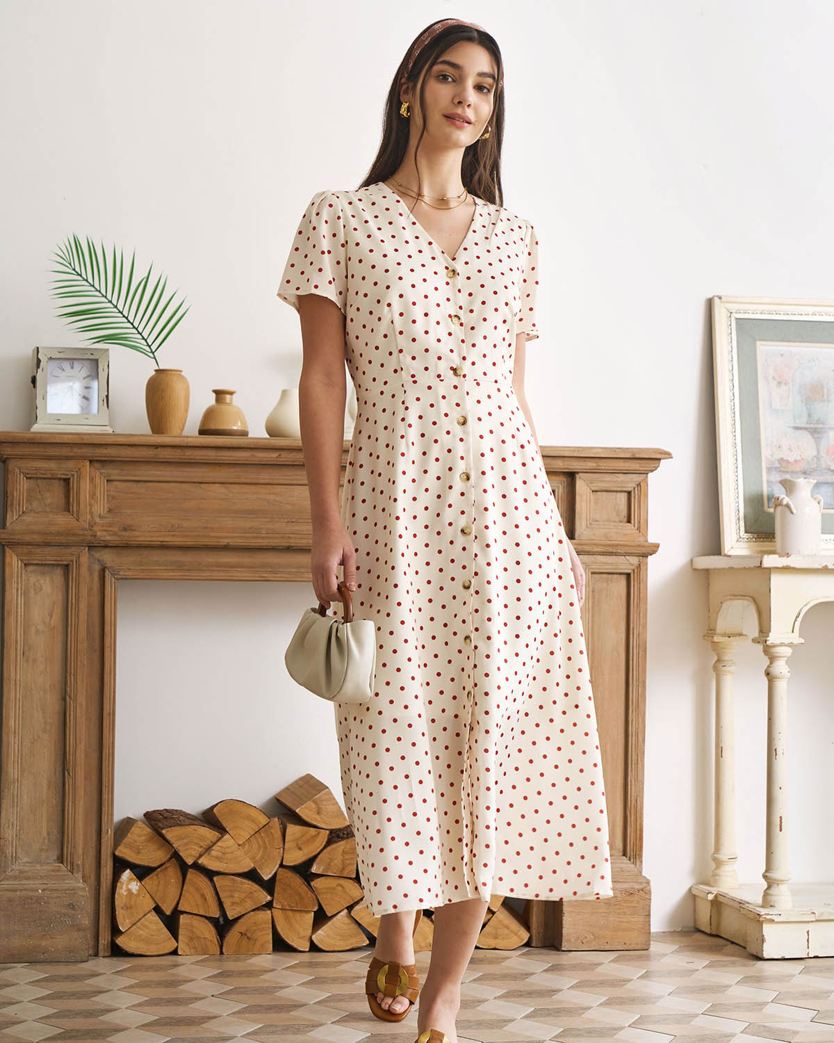 The Beige V Neck Polka Dot Button Midi Dress | Rihoas