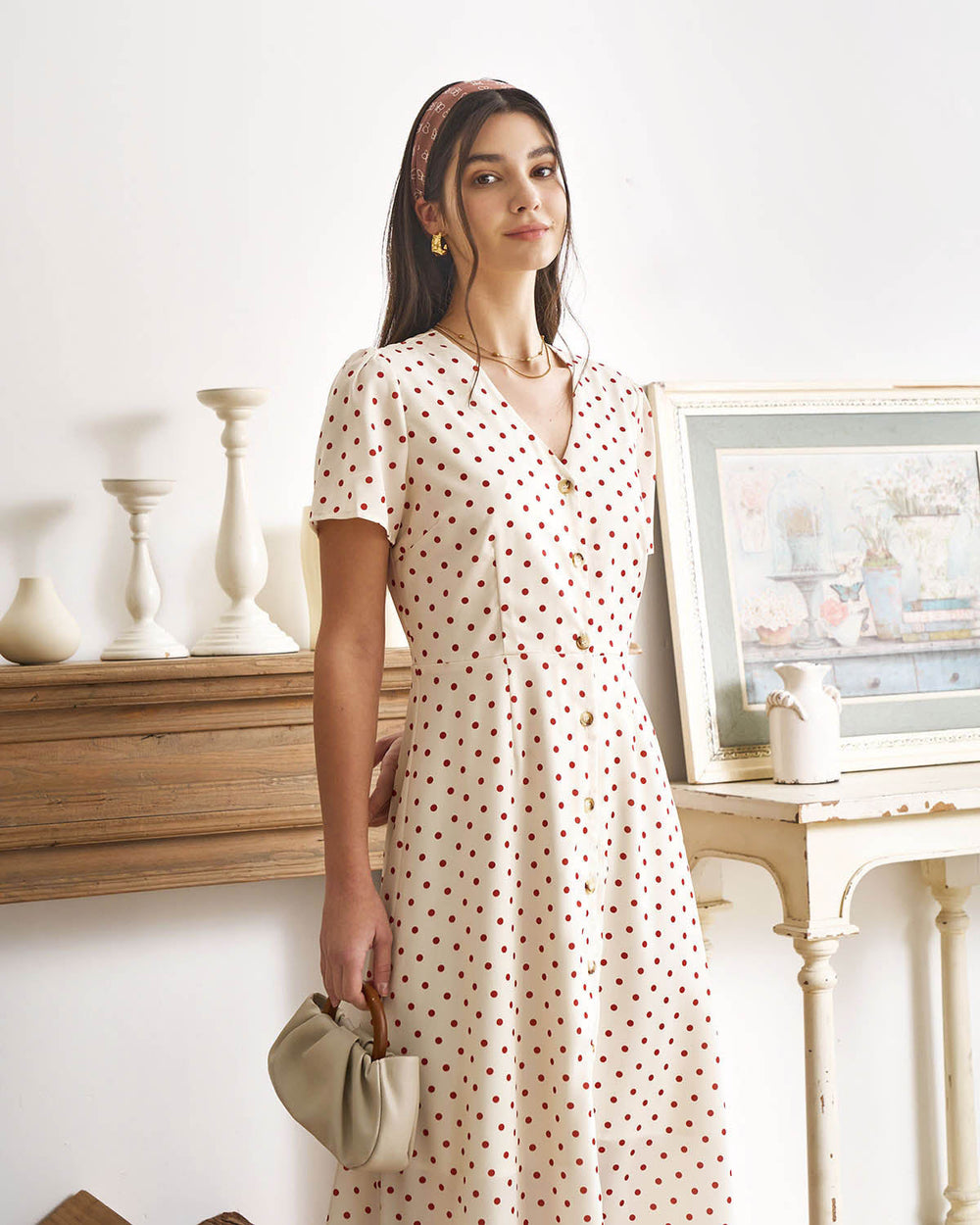 The Beige V Neck Polka Dot Button Midi Dress | Rihoas