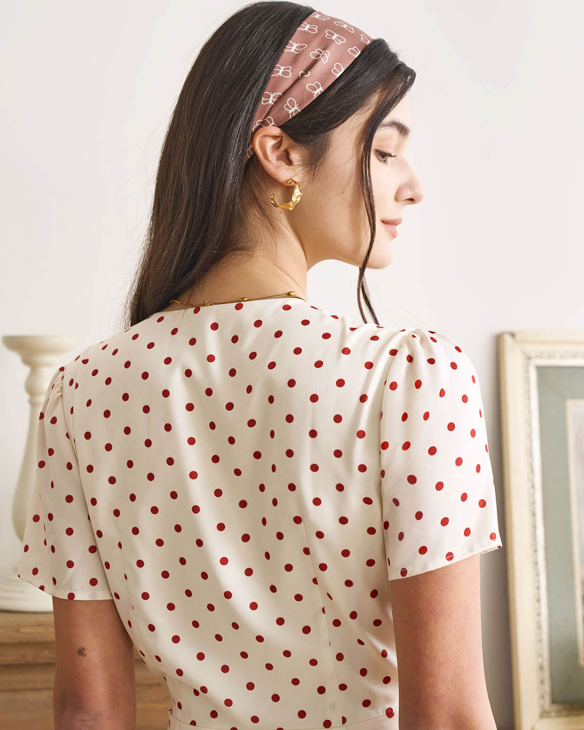 The Beige V Neck Polka Dot Button Midi Dress | Rihoas