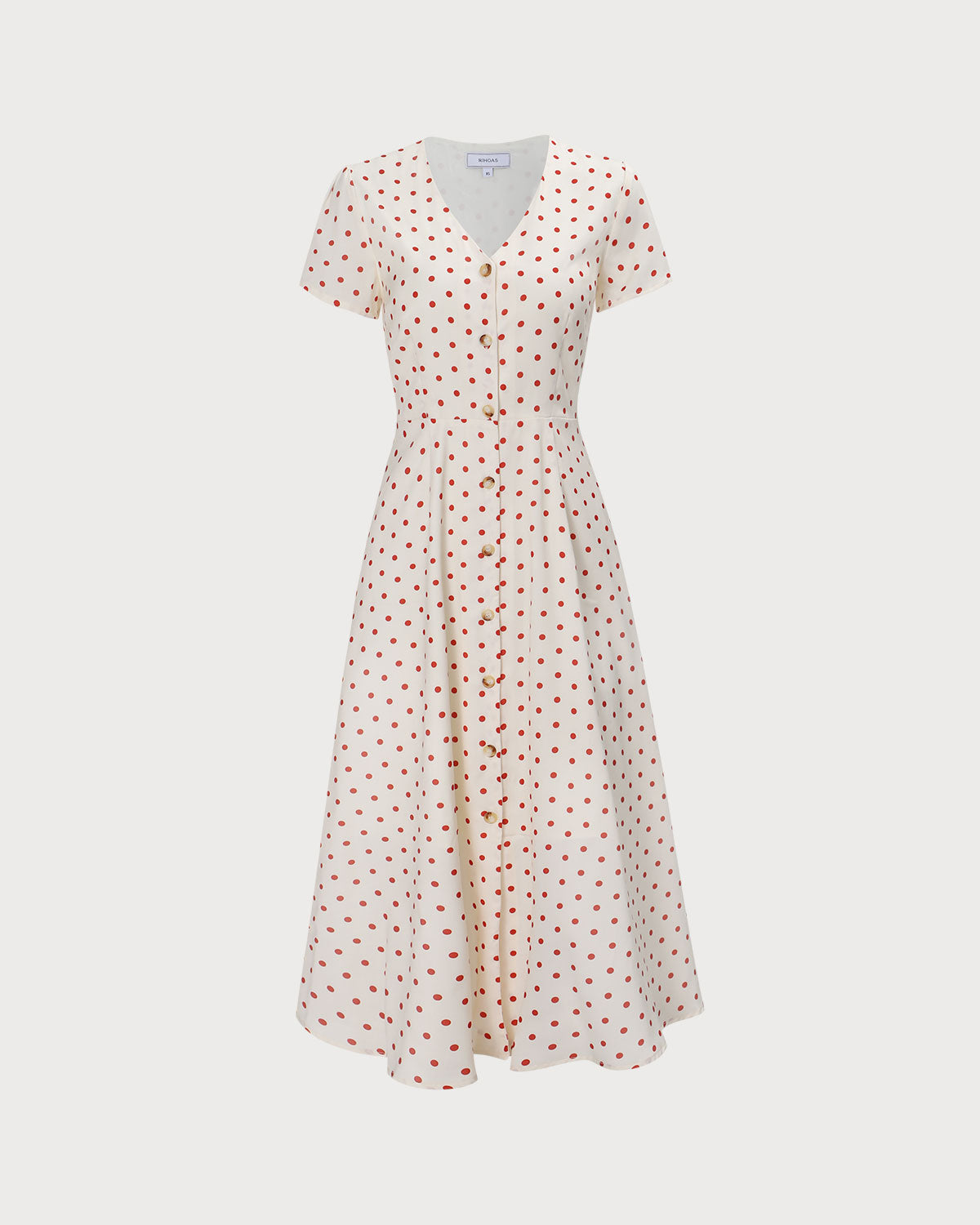 The Beige V Neck Polka Dot Button Midi Dress | Rihoas