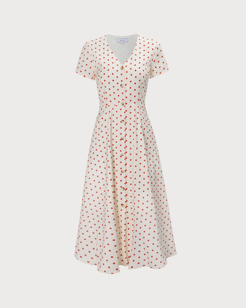 The Beige V Neck Polka Dot Button Midi Dress | Rihoas