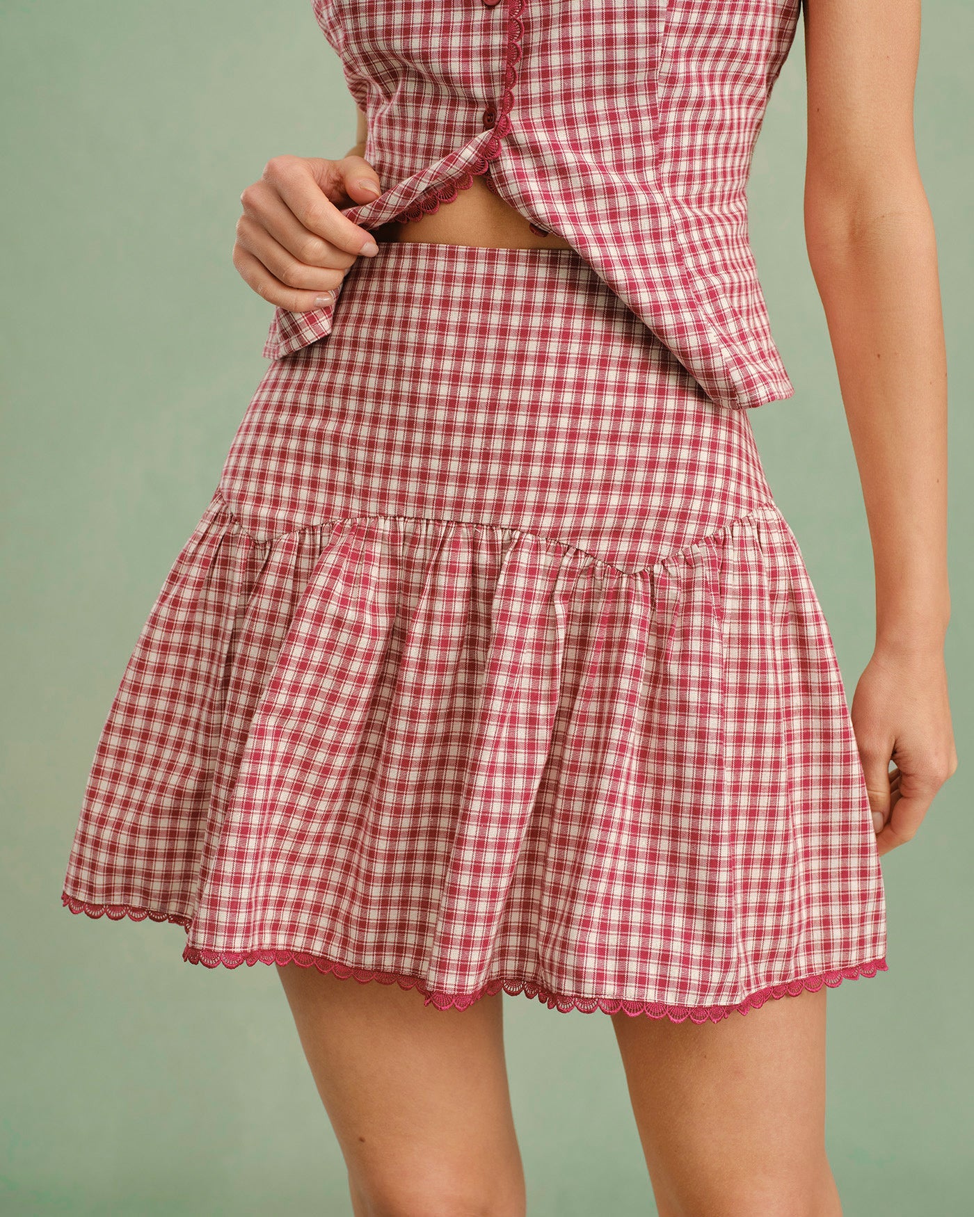 Red Plaid Ruched Mini Skirt | Rihoas