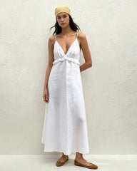 White Solid Ruched Slip Maxi Dress | Rihoas