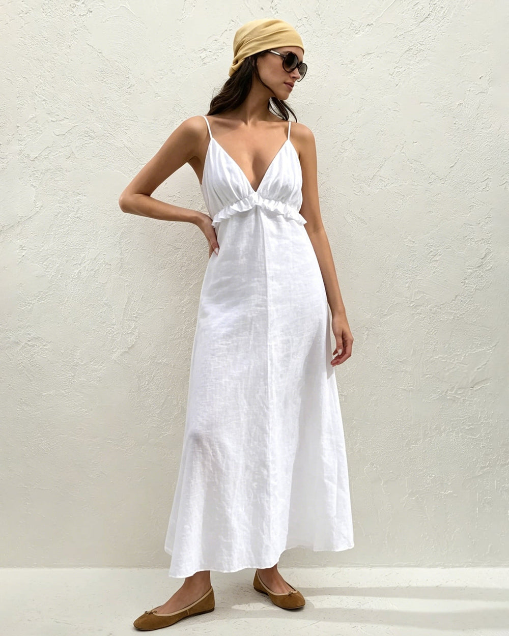 White Solid Ruched Slip Maxi Dress | Rihoas