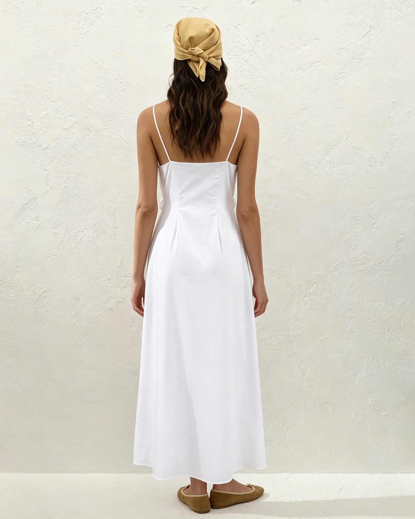 White Solid Ruched Slip Maxi Dress | Rihoas