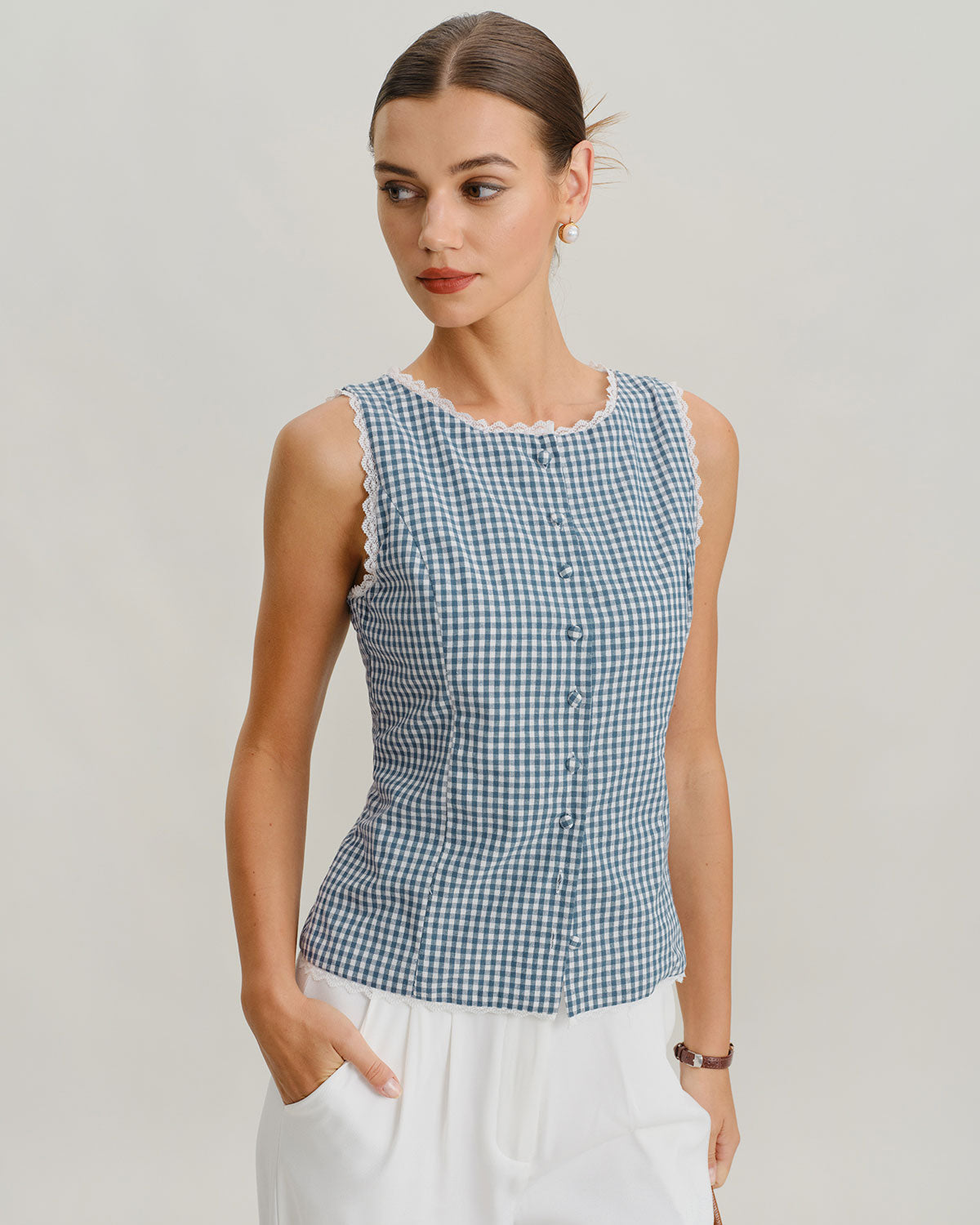 Blue Plaid Sleeveless Tank Top | Rihoas