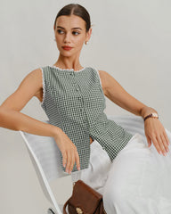 Green Boat Neck Plaid Tank Top | Rihoas