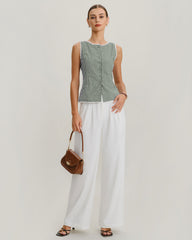 Green Boat Neck Plaid Tank Top | Rihoas