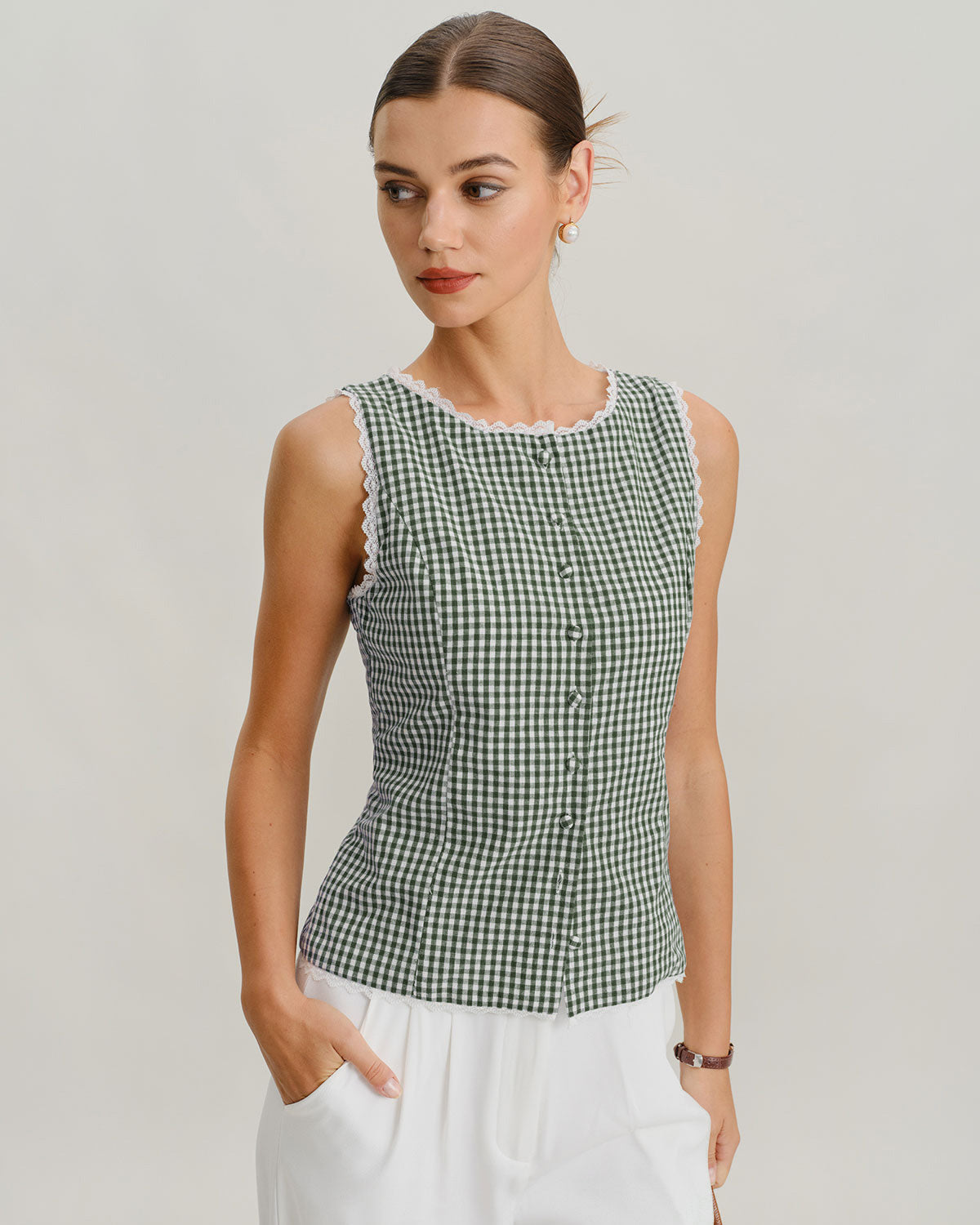 Green Boat Neck Plaid Tank Top | Rihoas