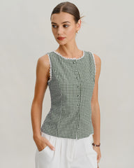 Green Boat Neck Plaid Tank Top | Rihoas