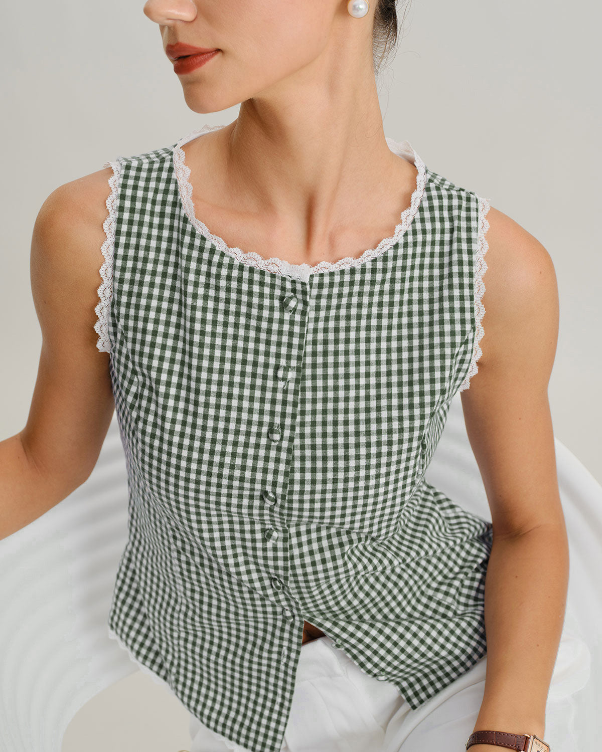 Green Boat Neck Plaid Tank Top | Rihoas