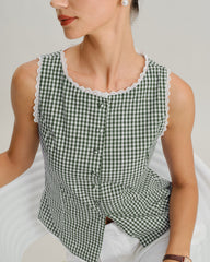 Green Boat Neck Plaid Tank Top | Rihoas