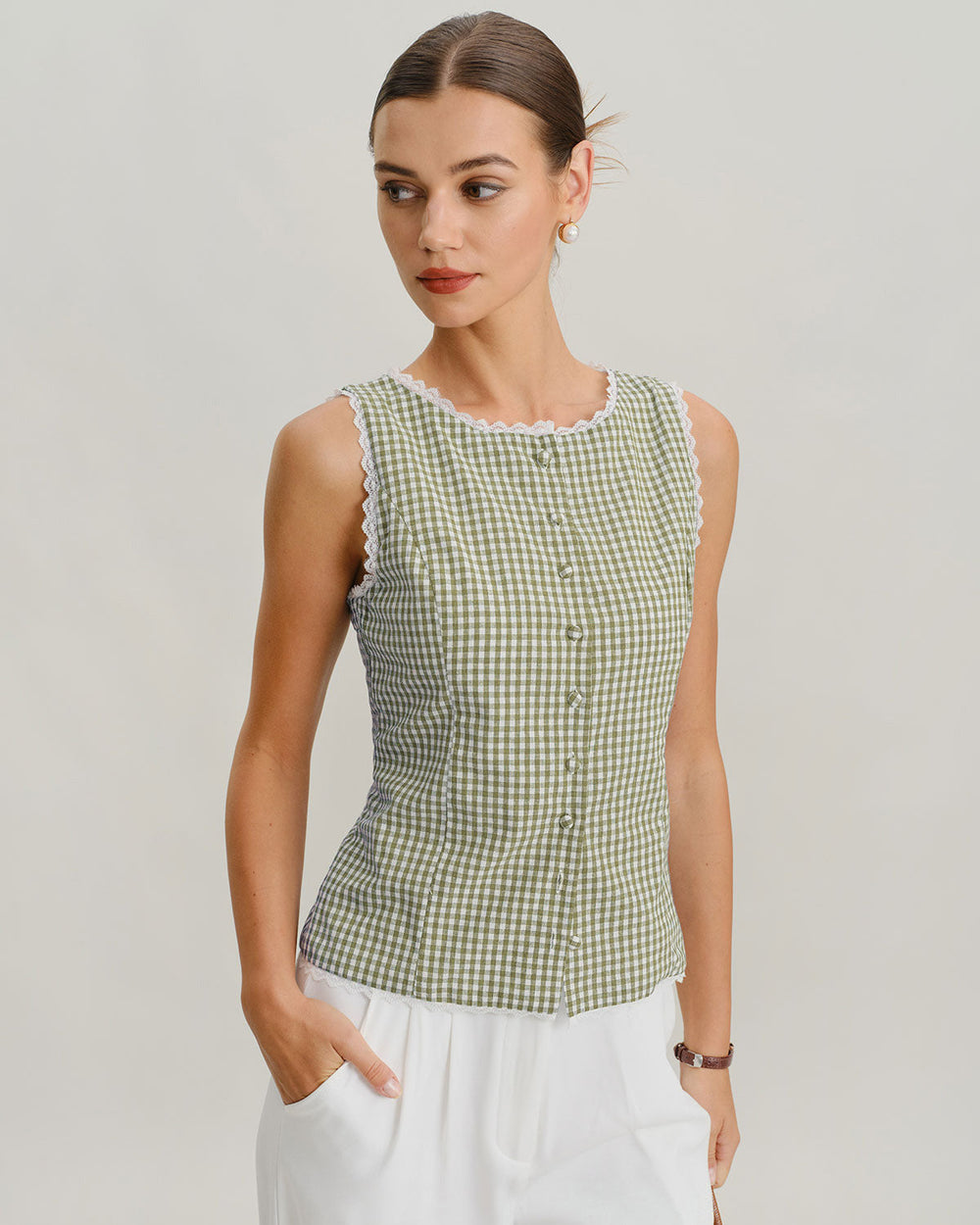 Green Boat Neck Plaid Tank Top | Rihoas
