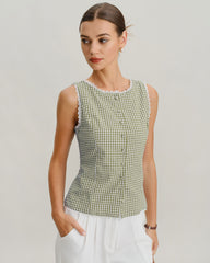 Green Boat Neck Plaid Tank Top | Rihoas