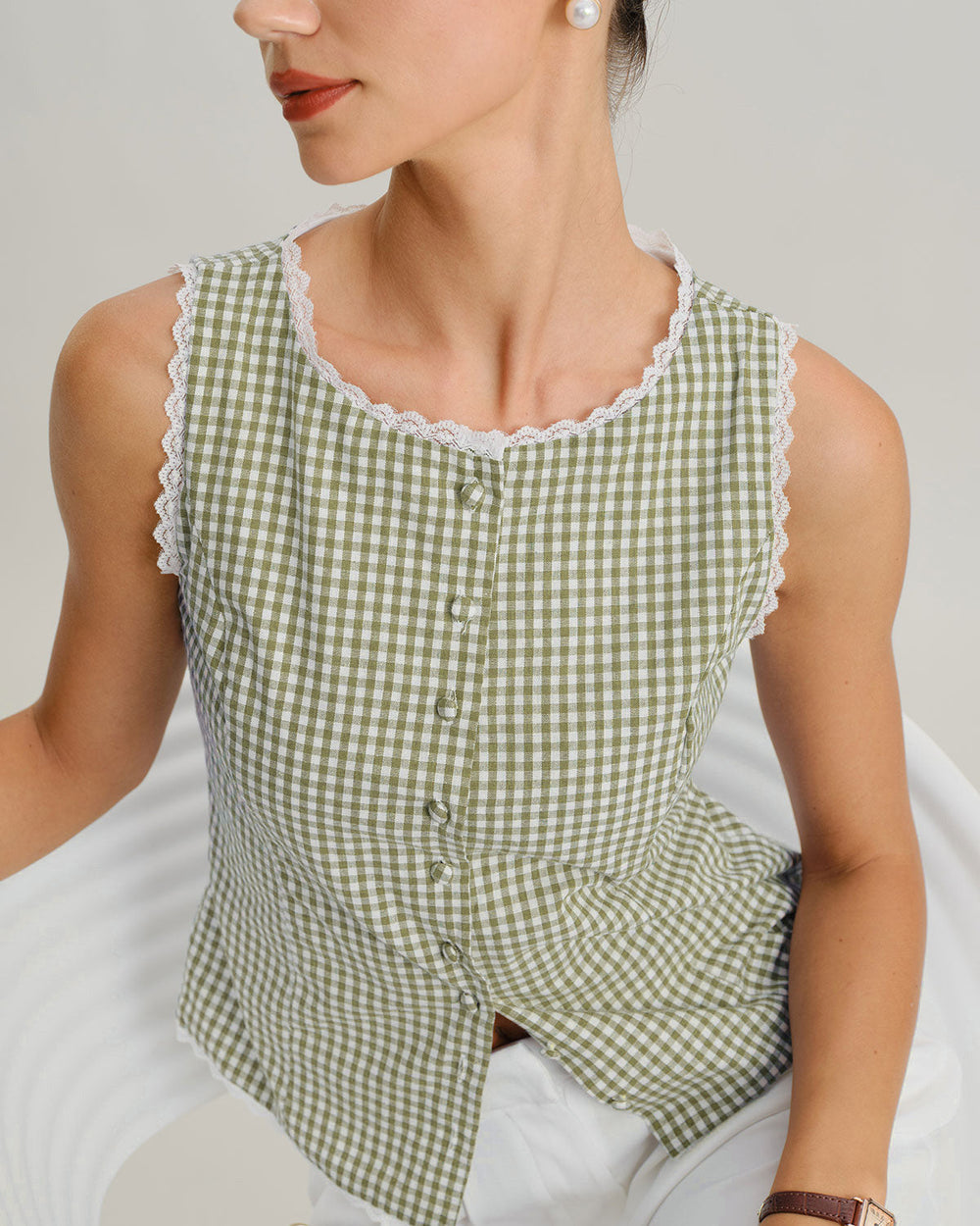 Green Boat Neck Plaid Tank Top | Rihoas