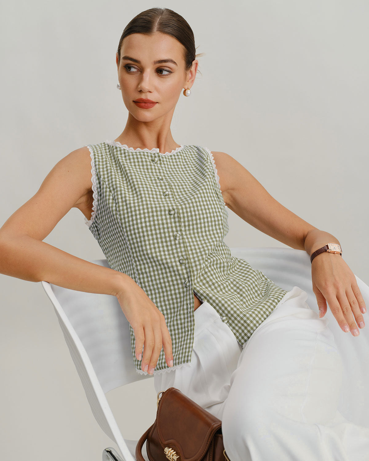 Green Boat Neck Plaid Tank Top | Rihoas