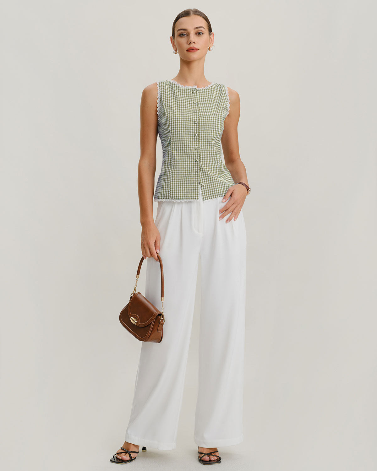 Green Boat Neck Plaid Tank Top | Rihoas