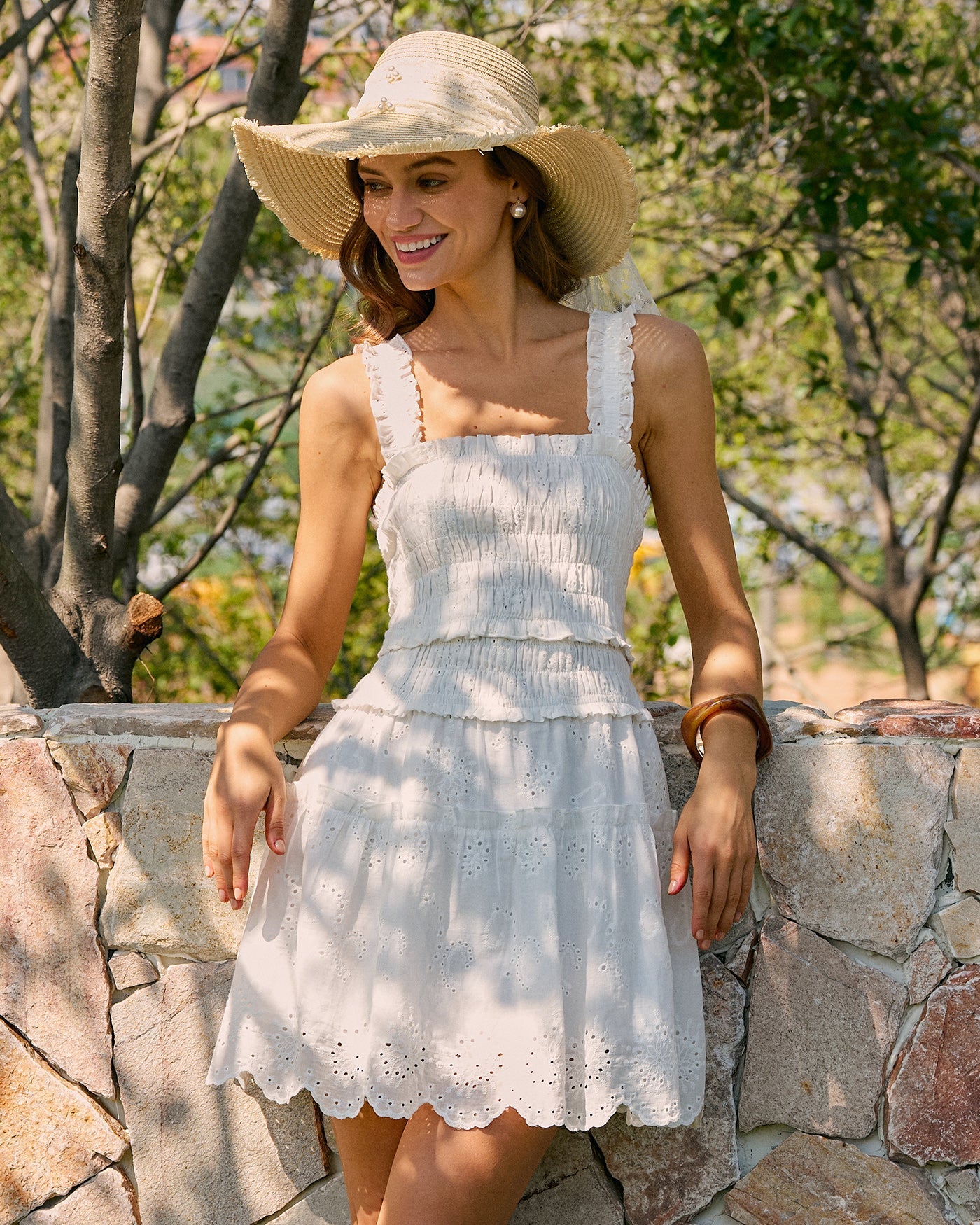 White Square Neck Shirred Mini Dress | Rihoas