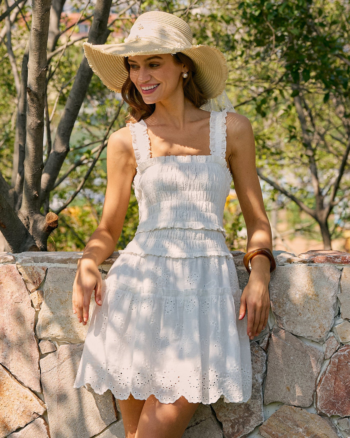 White Square Neck Shirred Mini Dress | Rihoas