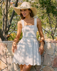 White Square Neck Shirred Mini Dress | Rihoas