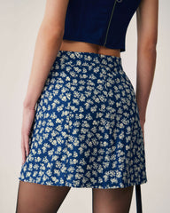 Navy Floral A-Line Mini Skirt | Rihoas