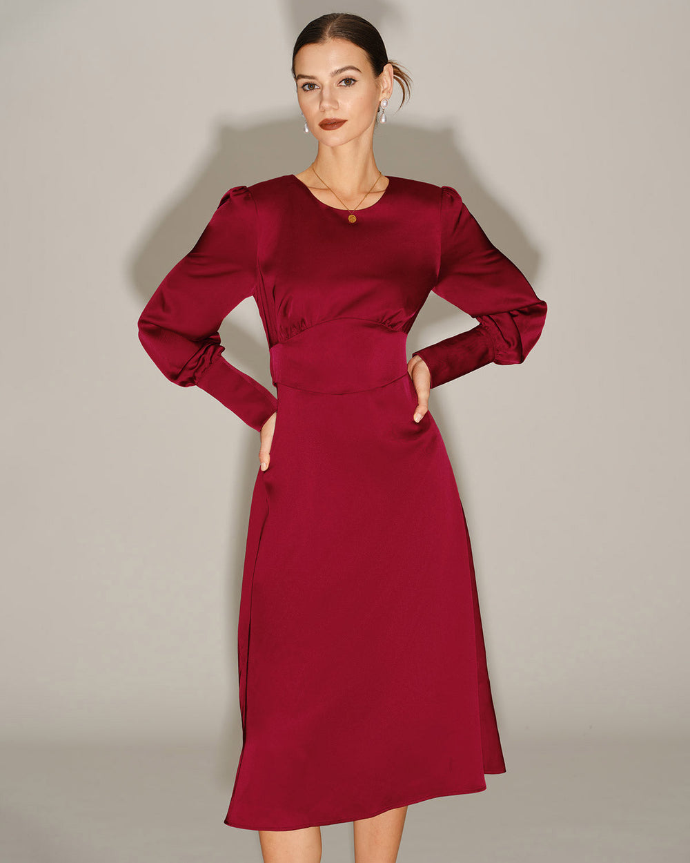 Wine Red Satin A-Line Midi Dress | Rihoas