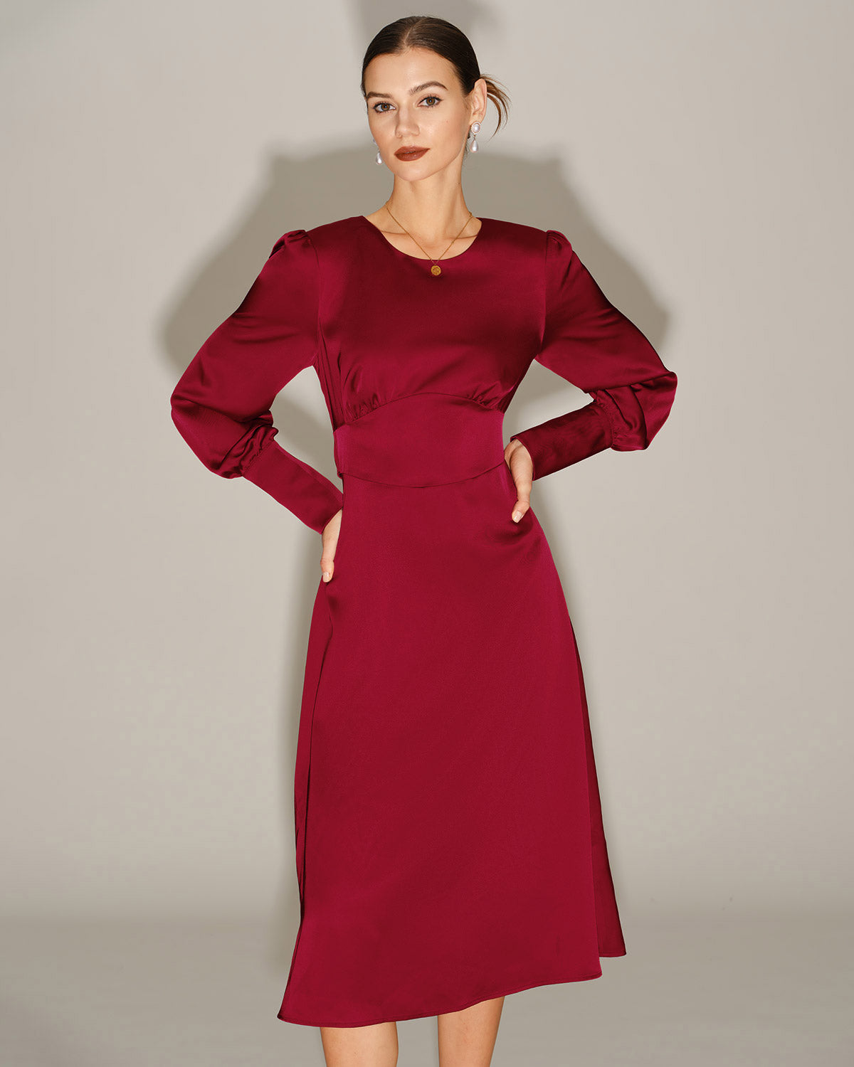 Wine Red Satin A-Line Midi Dress | Rihoas